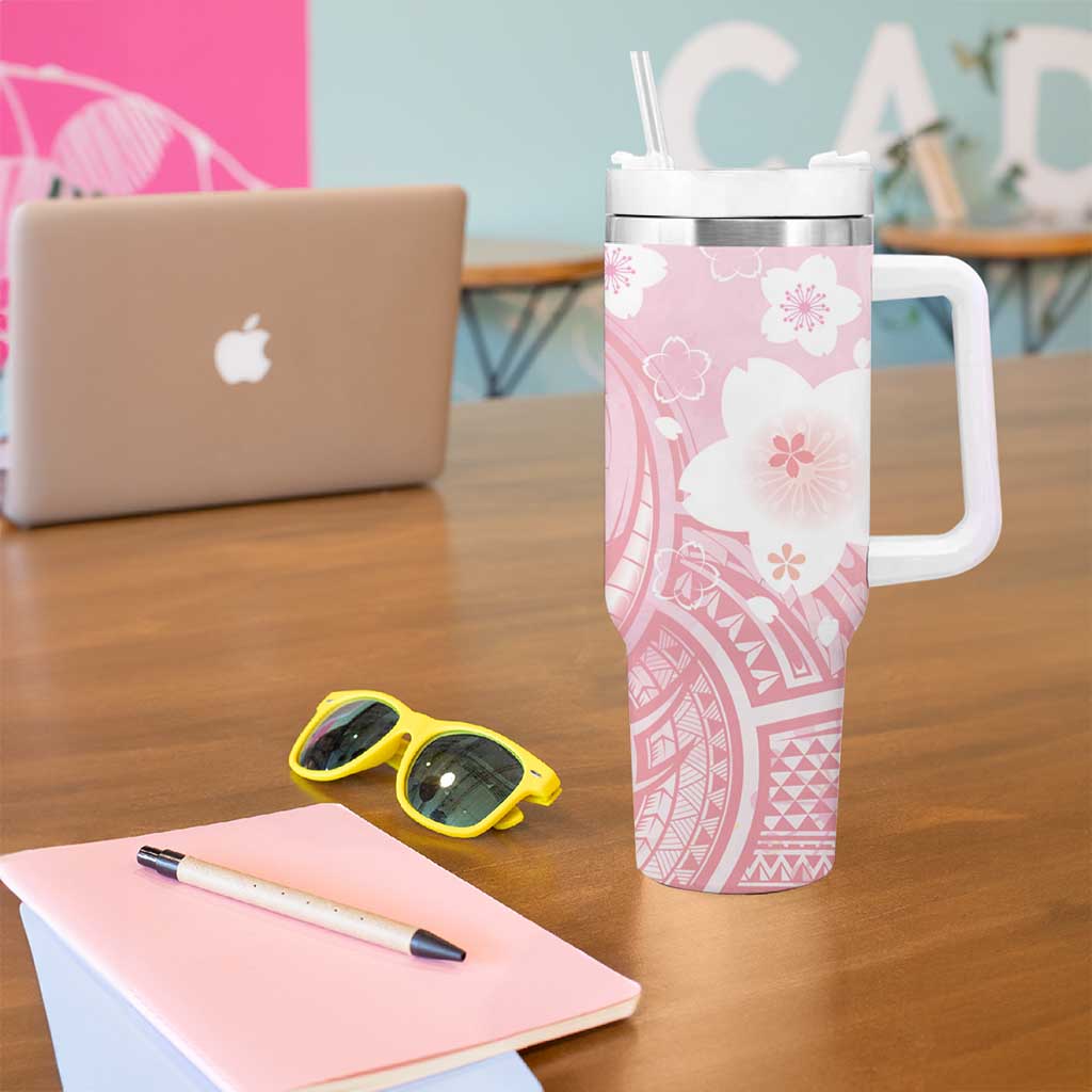 Japan Sakura Floral with Polynesian Vibe Tumbler With Handle LT9 - Polynesian Pride