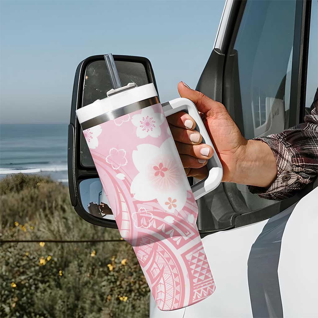 Japan Sakura Floral with Polynesian Vibe Tumbler With Handle LT9 - Polynesian Pride