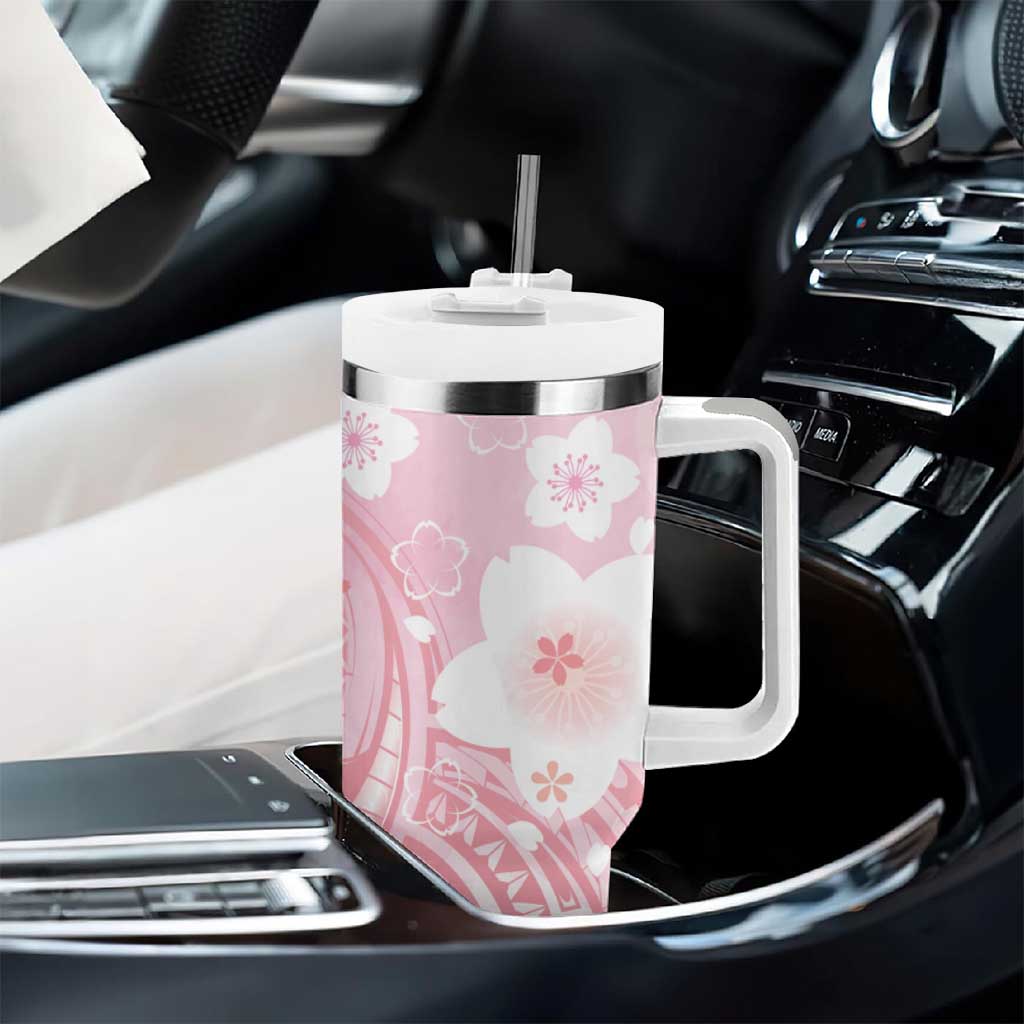 Japan Sakura Floral with Polynesian Vibe Tumbler With Handle LT9 - Polynesian Pride