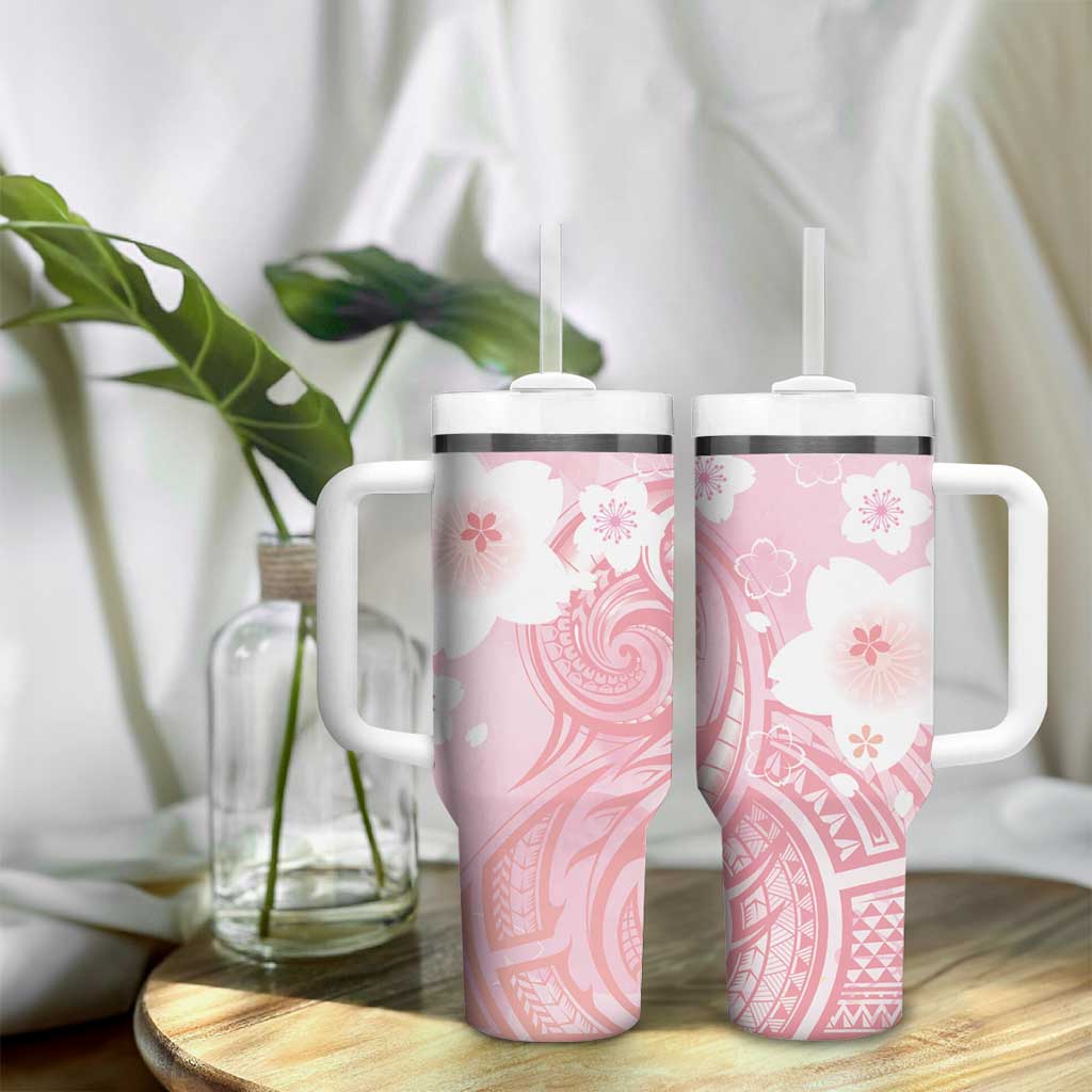 Japan Sakura Floral with Polynesian Vibe Tumbler With Handle LT9 - Polynesian Pride
