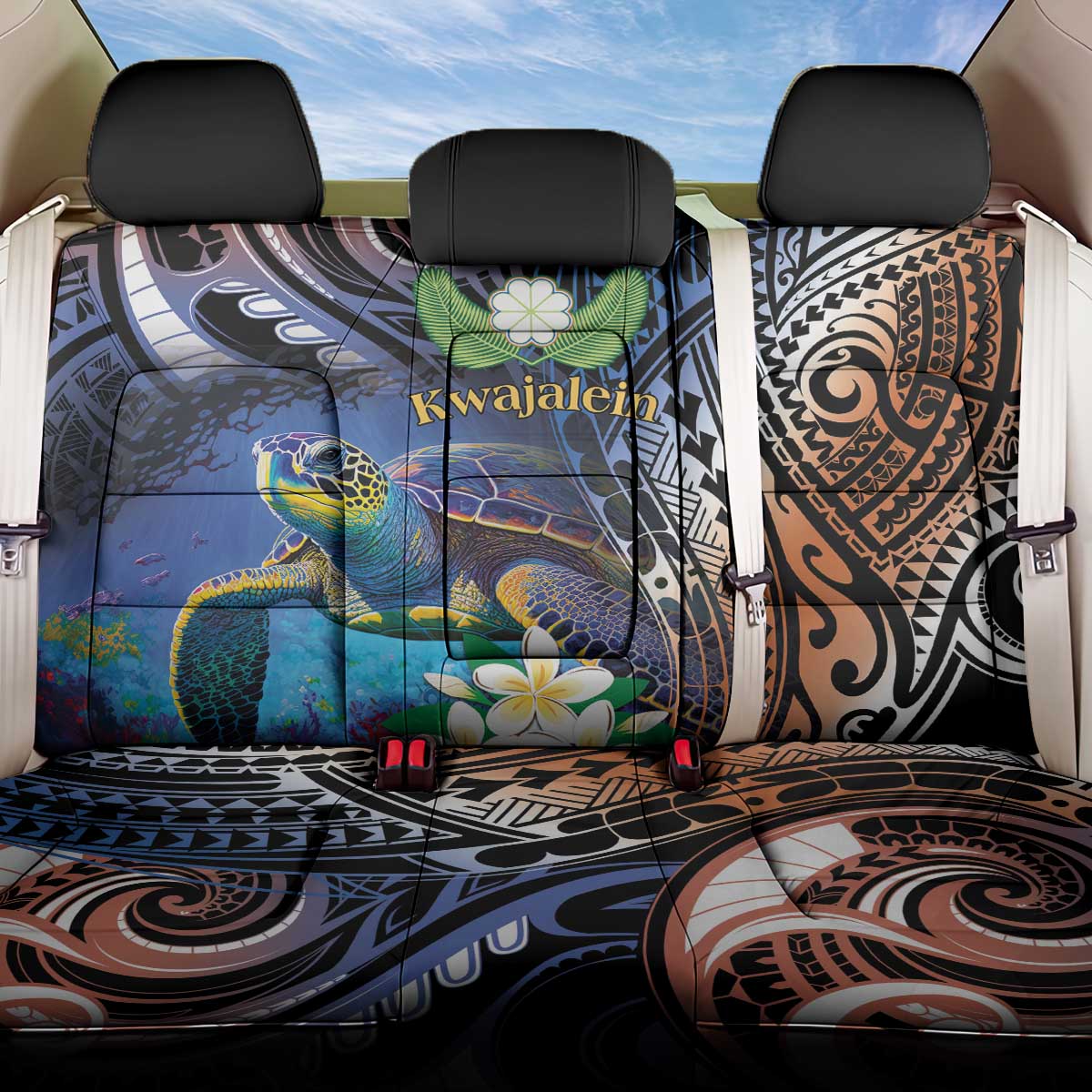 Marshall Islands Kwajalein Atoll Back Car Seat Cover Plumeria Sea Turtle with Polynesian Tribal LT9 One Size Blue - Polynesian Pride