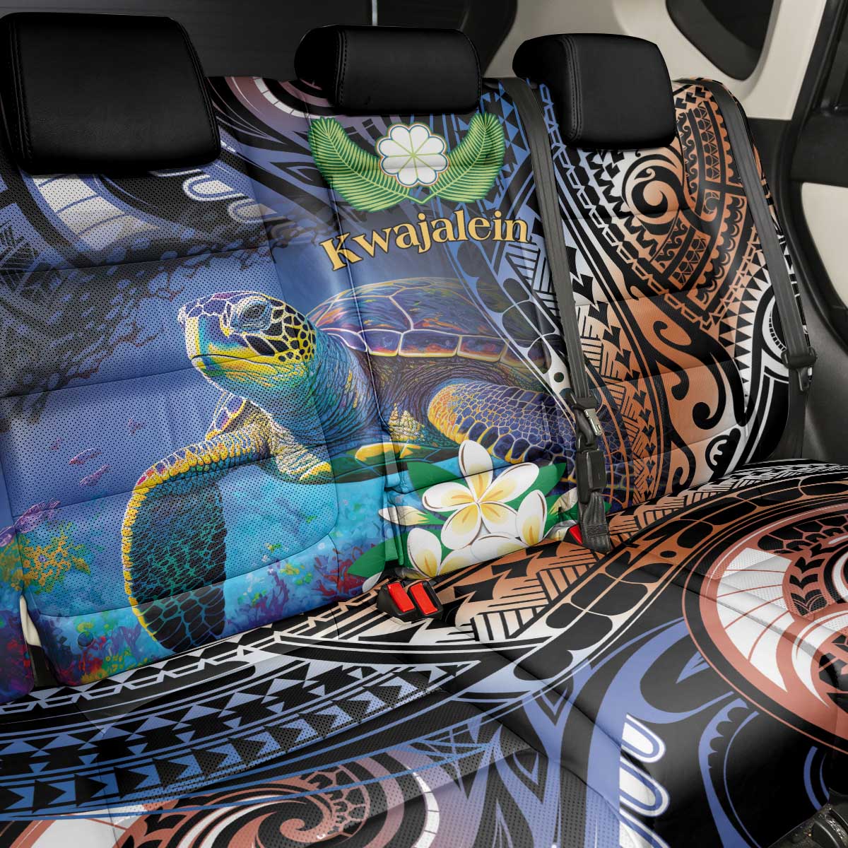 Marshall Islands Kwajalein Atoll Back Car Seat Cover Plumeria Sea Turtle with Polynesian Tribal LT9 - Polynesian Pride