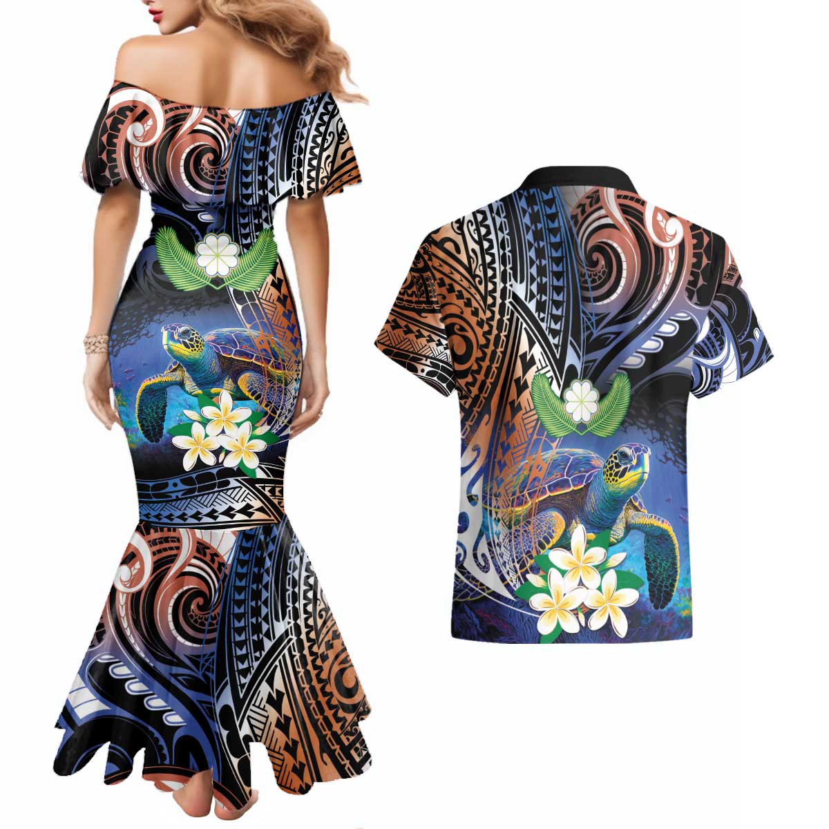 Marshall Islands Kwajalein Atoll Couples Matching Mermaid Dress and Hawaiian Shirt Plumeria Sea Turtle with Polynesian Tribal LT9 - Polynesian Pride
