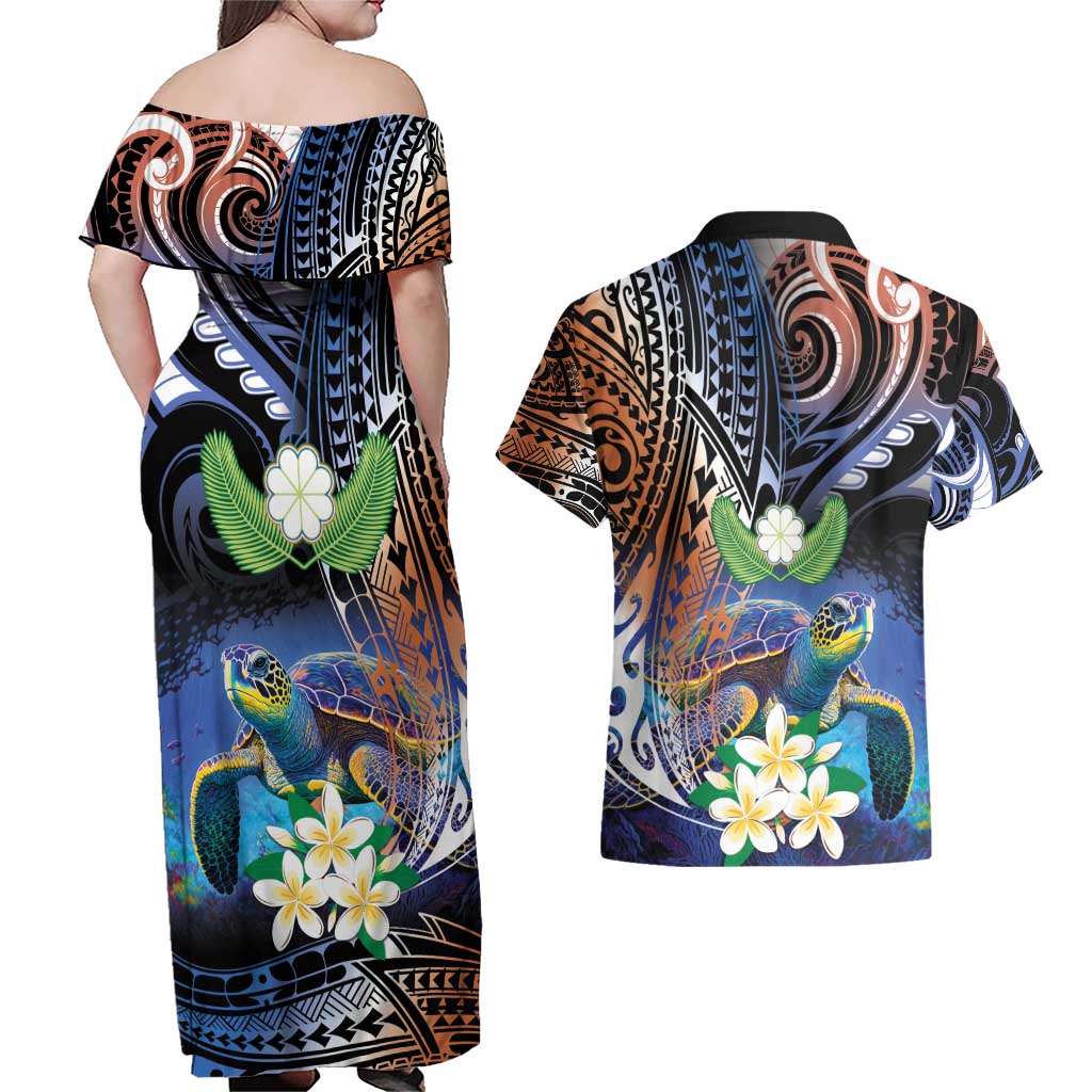 Marshall Islands Kwajalein Atoll Couples Matching Off Shoulder Maxi Dress and Hawaiian Shirt Plumeria Sea Turtle with Polynesian Tribal LT9 - Polynesian Pride