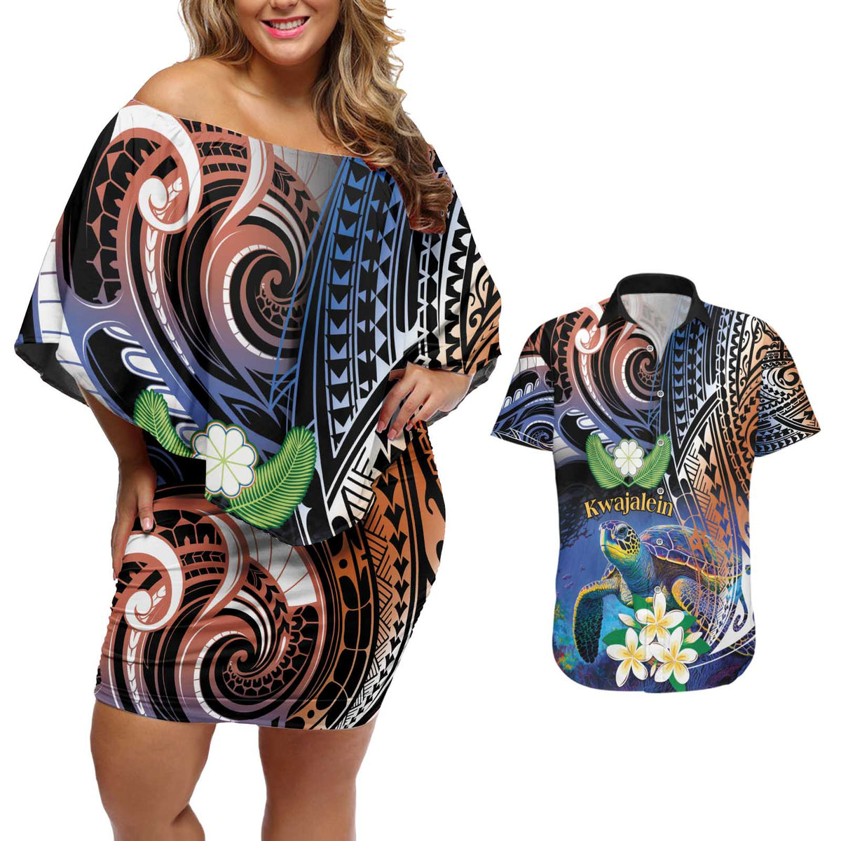 Marshall Islands Kwajalein Atoll Couples Matching Off Shoulder Short Dress and Hawaiian Shirt Plumeria Sea Turtle with Polynesian Tribal LT9 Blue - Polynesian Pride