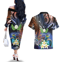 Marshall Islands Kwajalein Atoll Couples Matching Off The Shoulder Long Sleeve Dress and Hawaiian Shirt Plumeria Sea Turtle with Polynesian Tribal LT9 - Polynesian Pride