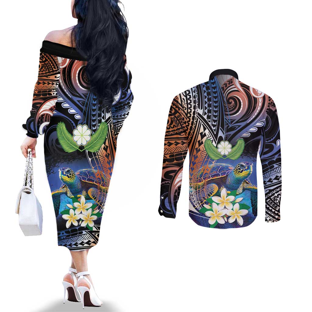 Marshall Islands Kwajalein Atoll Couples Matching Off The Shoulder Long Sleeve Dress and Long Sleeve Button Shirt Plumeria Sea Turtle with Polynesian Tribal LT9 - Polynesian Pride