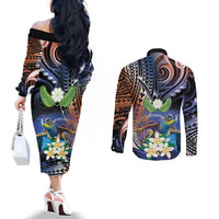 Marshall Islands Kwajalein Atoll Couples Matching Off The Shoulder Long Sleeve Dress and Long Sleeve Button Shirt Plumeria Sea Turtle with Polynesian Tribal LT9 - Polynesian Pride