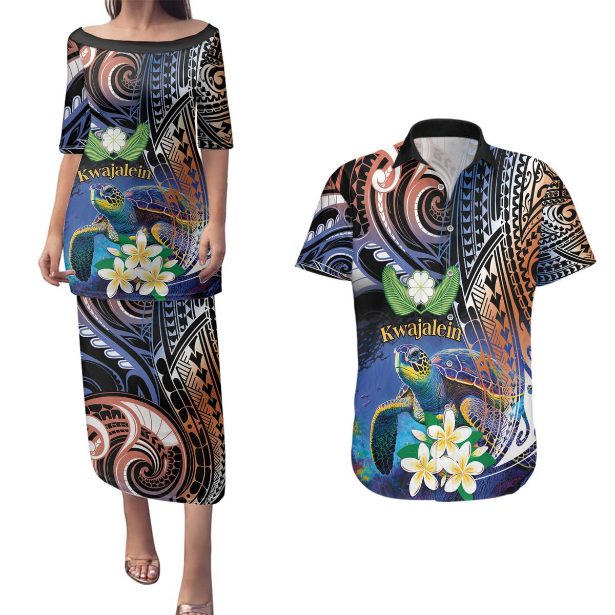 Marshall Islands Kwajalein Atoll Couples Matching Puletasi and Hawaiian Shirt Plumeria Sea Turtle with Polynesian Tribal LT9 Blue - Polynesian Pride