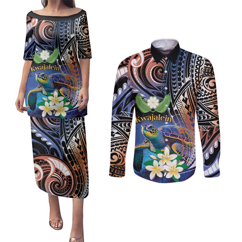 Marshall Islands Kwajalein Atoll Couples Matching Puletasi and Long Sleeve Button Shirt Plumeria Sea Turtle with Polynesian Tribal LT9 Blue - Polynesian Pride