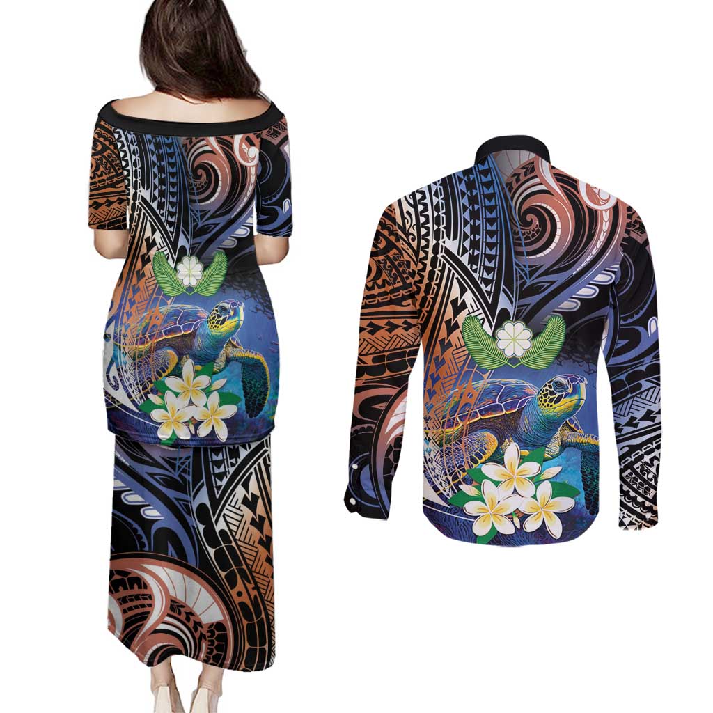 Marshall Islands Kwajalein Atoll Couples Matching Puletasi and Long Sleeve Button Shirt Plumeria Sea Turtle with Polynesian Tribal LT9 - Polynesian Pride