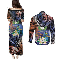 Marshall Islands Kwajalein Atoll Couples Matching Puletasi and Long Sleeve Button Shirt Plumeria Sea Turtle with Polynesian Tribal LT9 - Polynesian Pride