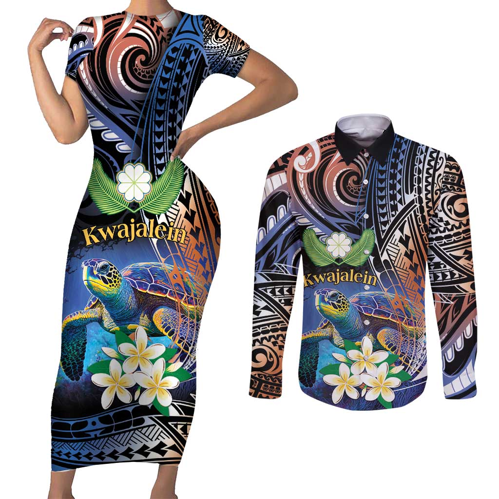 Marshall Islands Kwajalein Atoll Couples Matching Short Sleeve Bodycon Dress and Long Sleeve Button Shirt Plumeria Sea Turtle with Polynesian Tribal LT9 Blue - Polynesian Pride