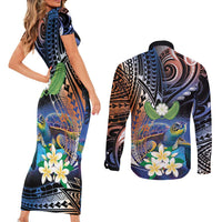 Marshall Islands Kwajalein Atoll Couples Matching Short Sleeve Bodycon Dress and Long Sleeve Button Shirt Plumeria Sea Turtle with Polynesian Tribal LT9 - Polynesian Pride