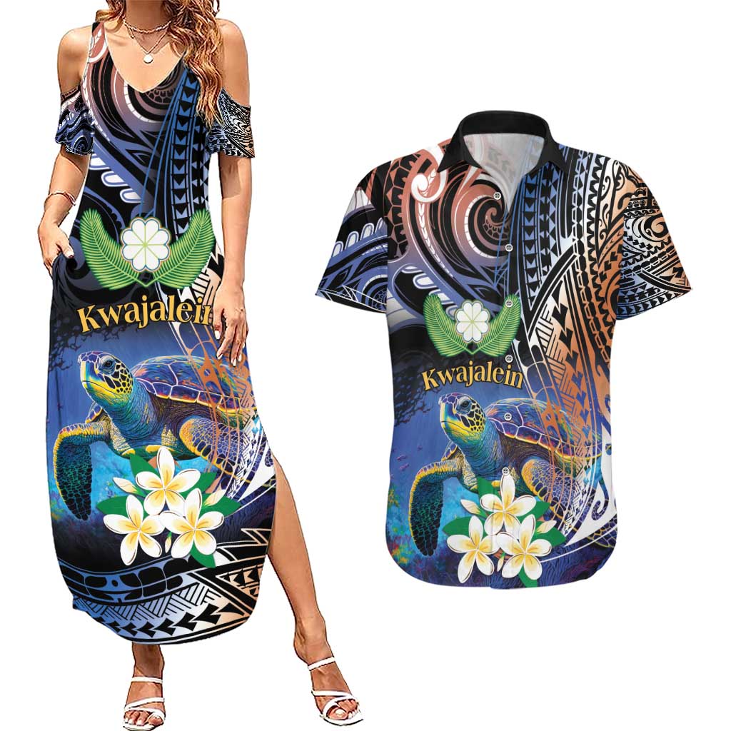 Marshall Islands Kwajalein Atoll Couples Matching Summer Maxi Dress and Hawaiian Shirt Plumeria Sea Turtle with Polynesian Tribal LT9 Blue - Polynesian Pride