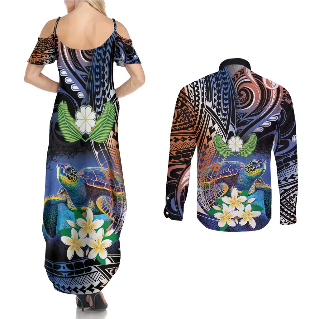 Marshall Islands Kwajalein Atoll Couples Matching Summer Maxi Dress and Long Sleeve Button Shirt Plumeria Sea Turtle with Polynesian Tribal LT9 - Polynesian Pride