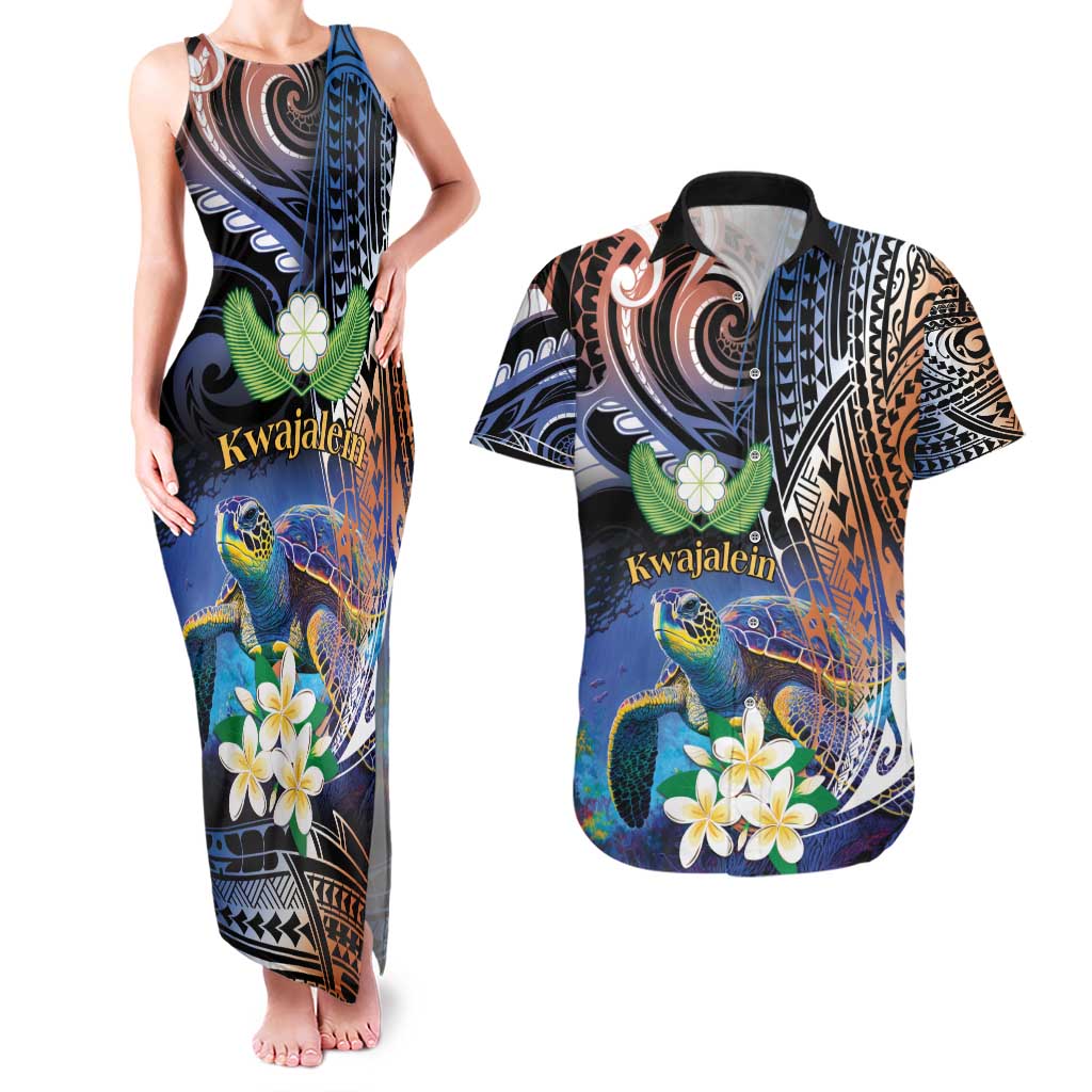 Marshall Islands Kwajalein Atoll Couples Matching Tank Maxi Dress and Hawaiian Shirt Plumeria Sea Turtle with Polynesian Tribal LT9 Blue - Polynesian Pride
