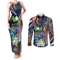 Marshall Islands Kwajalein Atoll Couples Matching Tank Maxi Dress and Long Sleeve Button Shirt Plumeria Sea Turtle with Polynesian Tribal LT9 Blue - Polynesian Pride