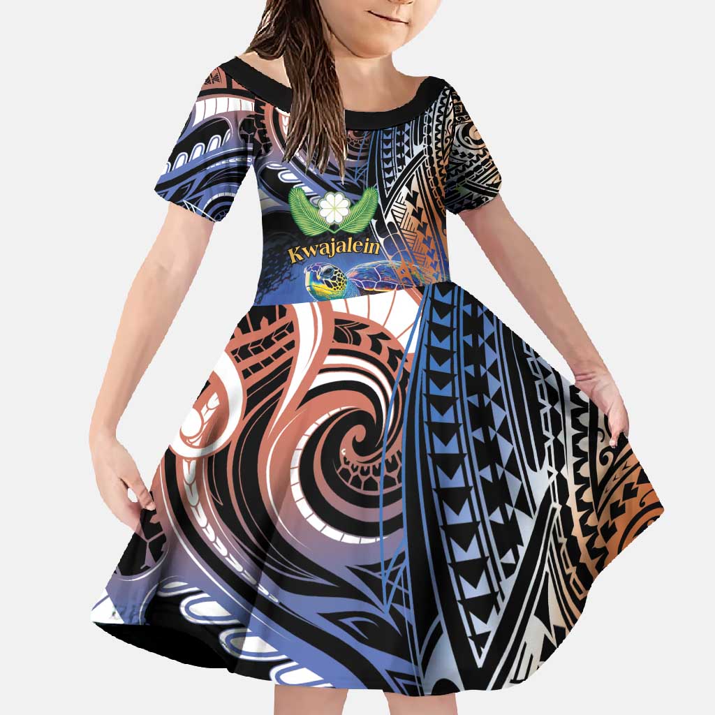 Marshall Islands Kwajalein Atoll Family Matching Long Sleeve Bodycon Dress and Hawaiian Shirt Plumeria Sea Turtle with Polynesian Tribal LT9 Daughter's Dress Blue - Polynesian Pride