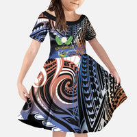 Marshall Islands Kwajalein Atoll Family Matching Long Sleeve Bodycon Dress and Hawaiian Shirt Plumeria Sea Turtle with Polynesian Tribal LT9 Daughter's Dress Blue - Polynesian Pride