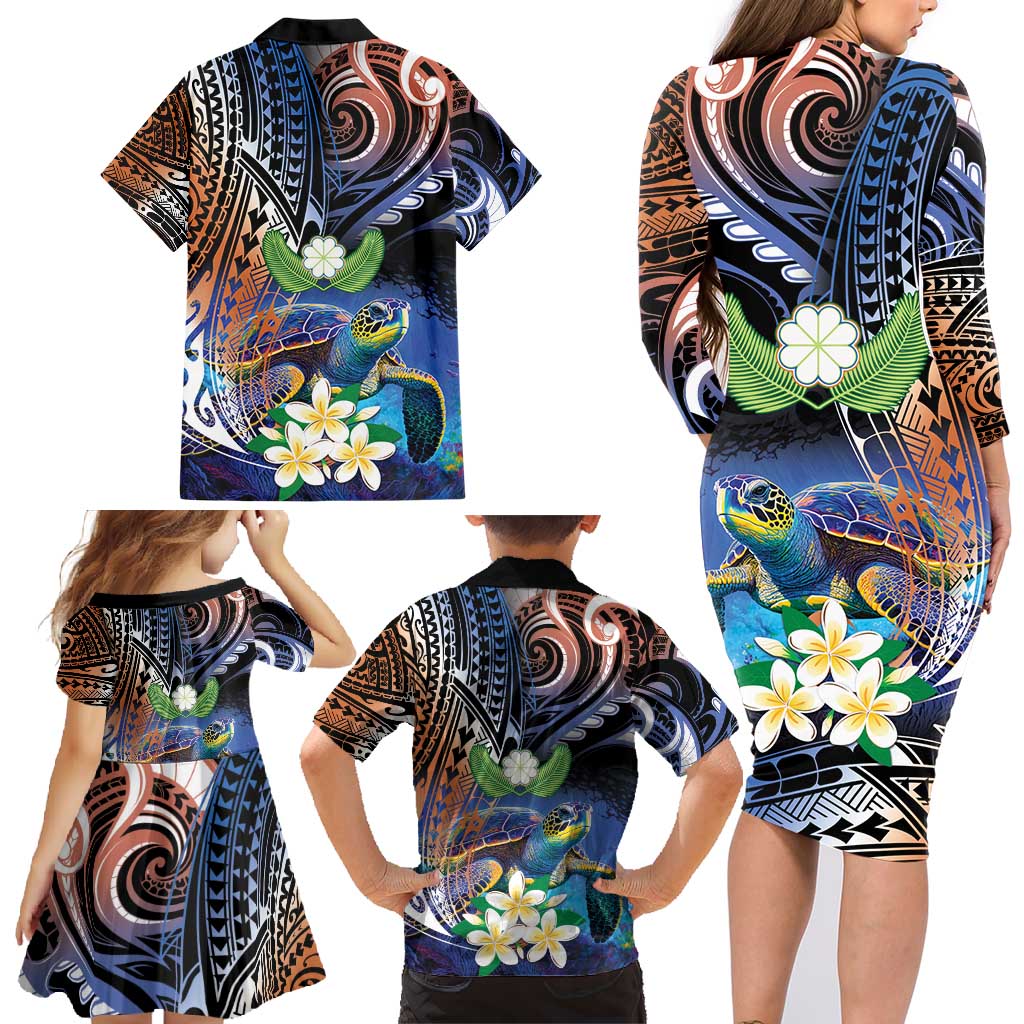 Marshall Islands Kwajalein Atoll Family Matching Long Sleeve Bodycon Dress and Hawaiian Shirt Plumeria Sea Turtle with Polynesian Tribal LT9 - Polynesian Pride