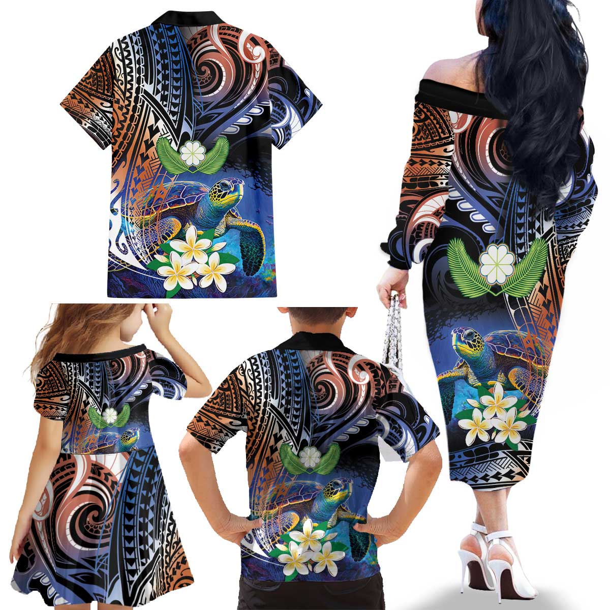 Marshall Islands Kwajalein Atoll Family Matching Off The Shoulder Long Sleeve Dress and Hawaiian Shirt Plumeria Sea Turtle with Polynesian Tribal LT9 - Polynesian Pride