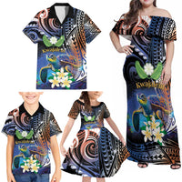 Marshall Islands Kwajalein Atoll Family Matching Off Shoulder Maxi Dress and Hawaiian Shirt Plumeria Sea Turtle with Polynesian Tribal LT9 - Polynesian Pride