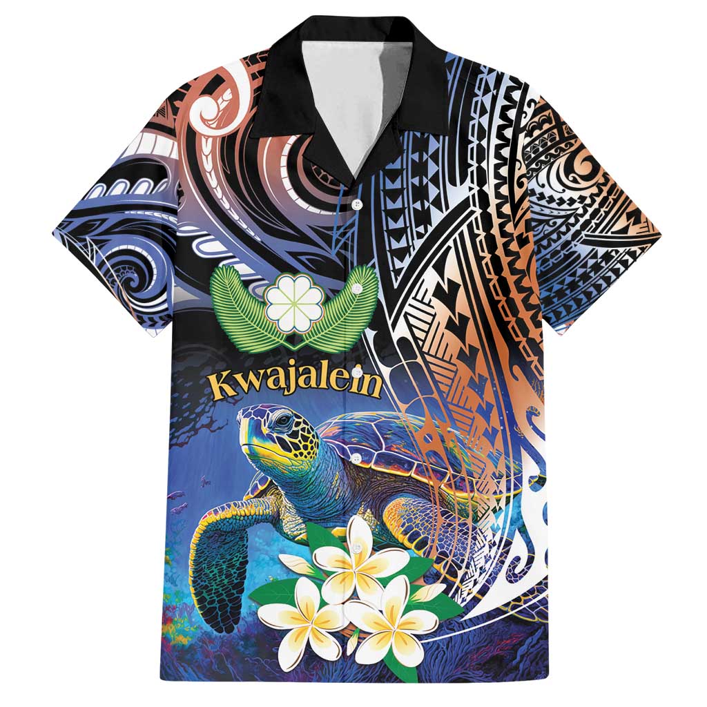 Marshall Islands Kwajalein Atoll Family Matching Off Shoulder Maxi Dress and Hawaiian Shirt Plumeria Sea Turtle with Polynesian Tribal LT9 Dad's Shirt - Short Sleeve Blue - Polynesian Pride