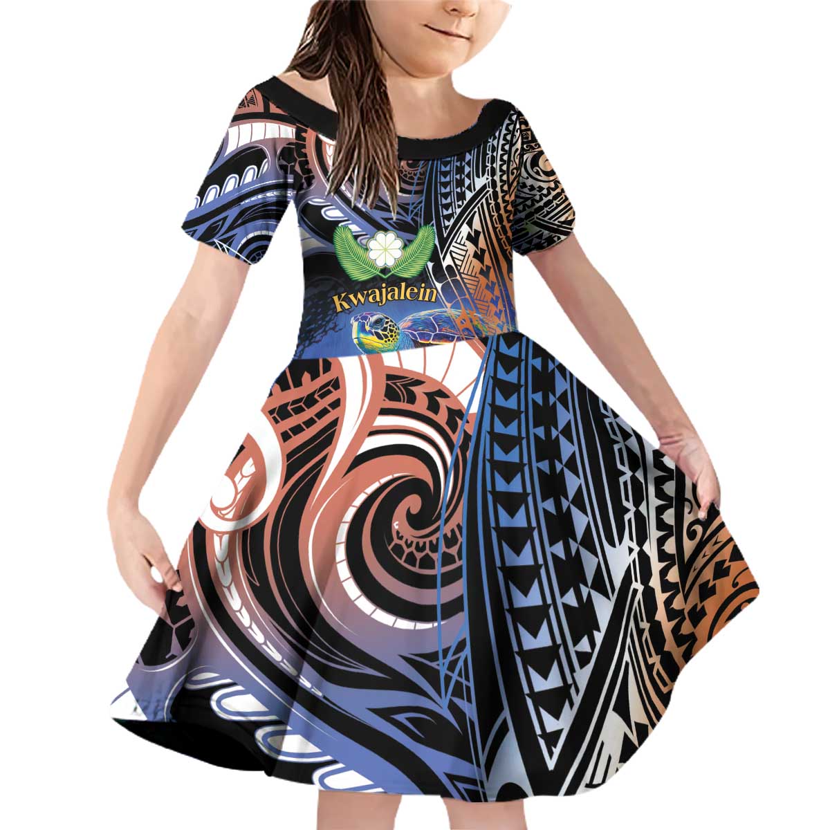 Marshall Islands Kwajalein Atoll Family Matching Off Shoulder Short Dress and Hawaiian Shirt Plumeria Sea Turtle with Polynesian Tribal LT9 Daughter's Dress Blue - Polynesian Pride