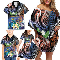 Marshall Islands Kwajalein Atoll Family Matching Off Shoulder Short Dress and Hawaiian Shirt Plumeria Sea Turtle with Polynesian Tribal LT9 - Polynesian Pride