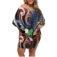 Marshall Islands Kwajalein Atoll Family Matching Off Shoulder Short Dress and Hawaiian Shirt Plumeria Sea Turtle with Polynesian Tribal LT9 Mom's Dress Blue - Polynesian Pride