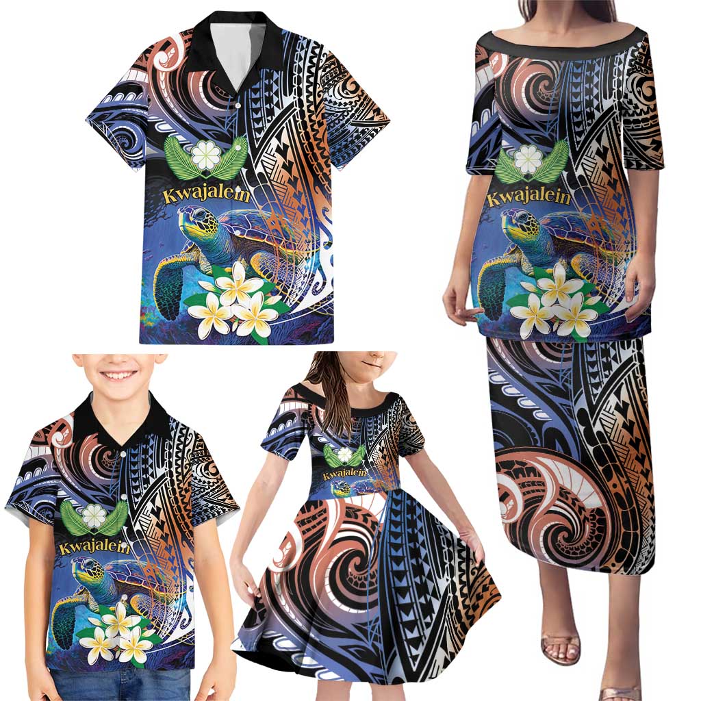 Marshall Islands Kwajalein Atoll Family Matching Puletasi and Hawaiian Shirt Plumeria Sea Turtle with Polynesian Tribal LT9 - Polynesian Pride