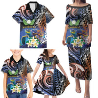 Marshall Islands Kwajalein Atoll Family Matching Puletasi and Hawaiian Shirt Plumeria Sea Turtle with Polynesian Tribal LT9 - Polynesian Pride