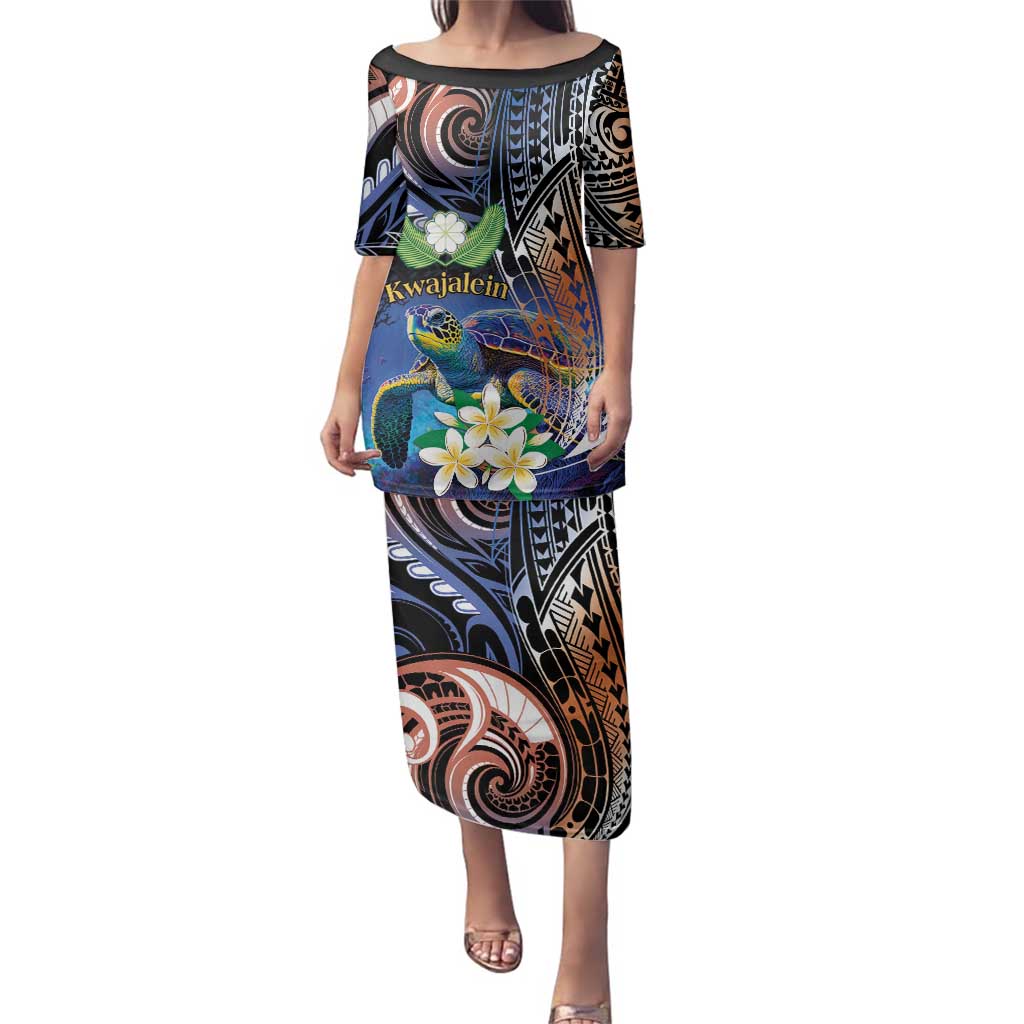 Marshall Islands Kwajalein Atoll Family Matching Puletasi and Hawaiian Shirt Plumeria Sea Turtle with Polynesian Tribal LT9 Mom's Dress Blue - Polynesian Pride