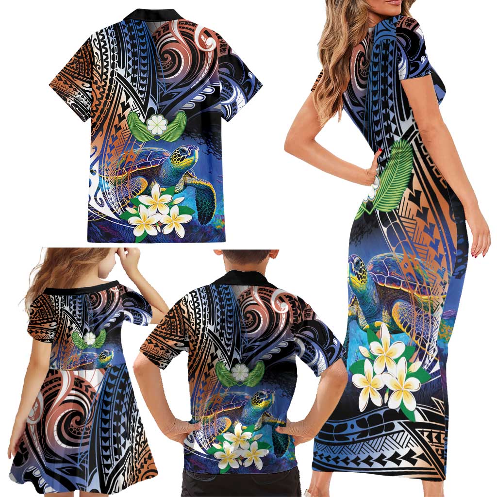 Marshall Islands Kwajalein Atoll Family Matching Short Sleeve Bodycon Dress and Hawaiian Shirt Plumeria Sea Turtle with Polynesian Tribal LT9 - Polynesian Pride