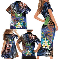 Marshall Islands Kwajalein Atoll Family Matching Short Sleeve Bodycon Dress and Hawaiian Shirt Plumeria Sea Turtle with Polynesian Tribal LT9 - Polynesian Pride