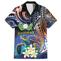 Marshall Islands Kwajalein Atoll Family Matching Summer Maxi Dress and Hawaiian Shirt Plumeria Sea Turtle with Polynesian Tribal LT9 Dad's Shirt - Short Sleeve Blue - Polynesian Pride