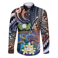 Marshall Islands Kwajalein Atoll Family Matching Tank Maxi Dress and Hawaiian Shirt Plumeria Sea Turtle with Polynesian Tribal LT9 Dad's Shirt - Long Sleeve Blue - Polynesian Pride