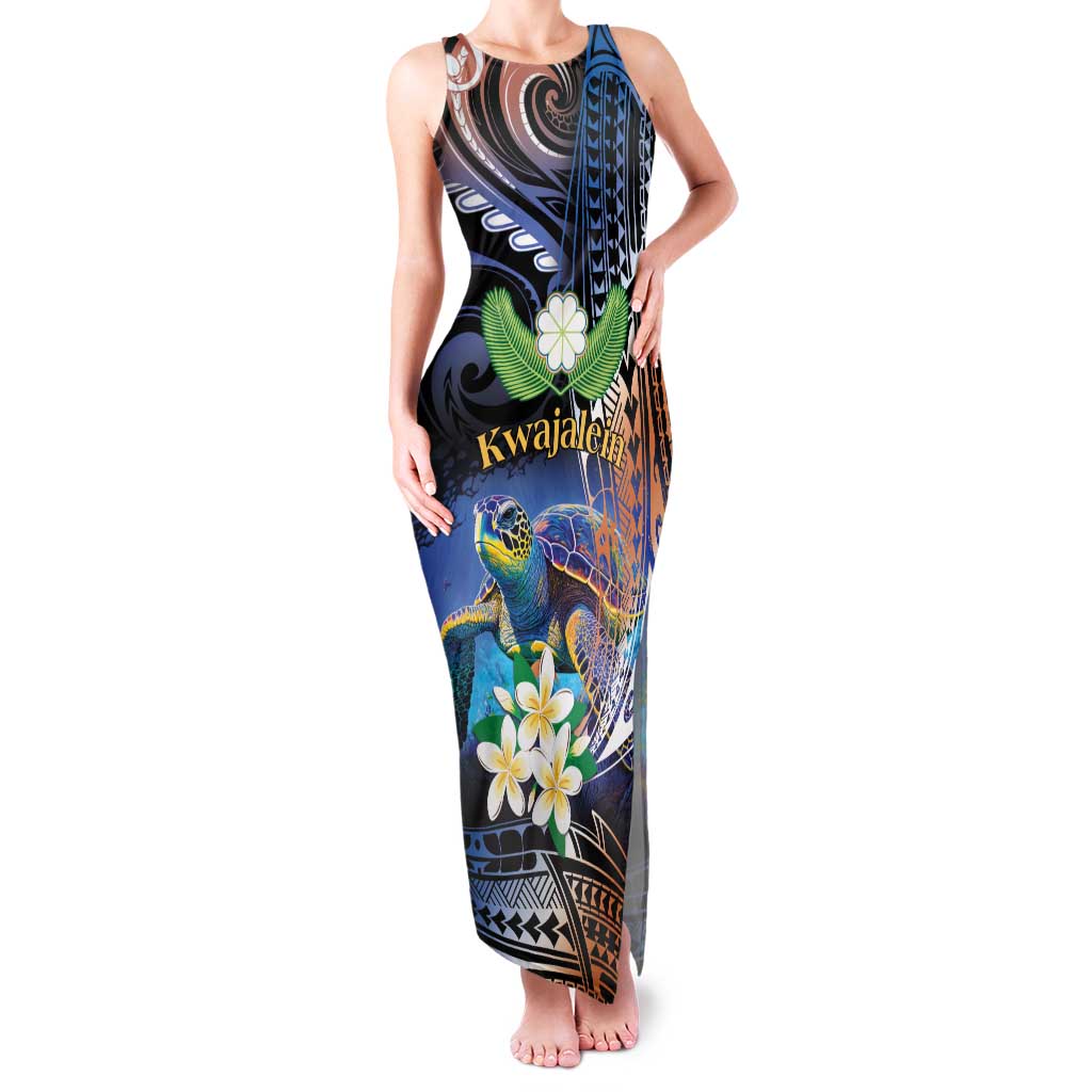 Marshall Islands Kwajalein Atoll Family Matching Tank Maxi Dress and Hawaiian Shirt Plumeria Sea Turtle with Polynesian Tribal LT9 Mom's Dress Blue - Polynesian Pride