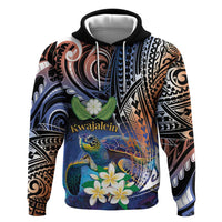 Marshall Islands Kwajalein Atoll Hoodie Plumeria Sea Turtle with Polynesian Tribal LT9 Pullover Hoodie Blue - Polynesian Pride