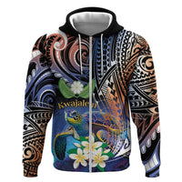 Marshall Islands Kwajalein Atoll Hoodie Plumeria Sea Turtle with Polynesian Tribal LT9 Zip Hoodie Blue - Polynesian Pride
