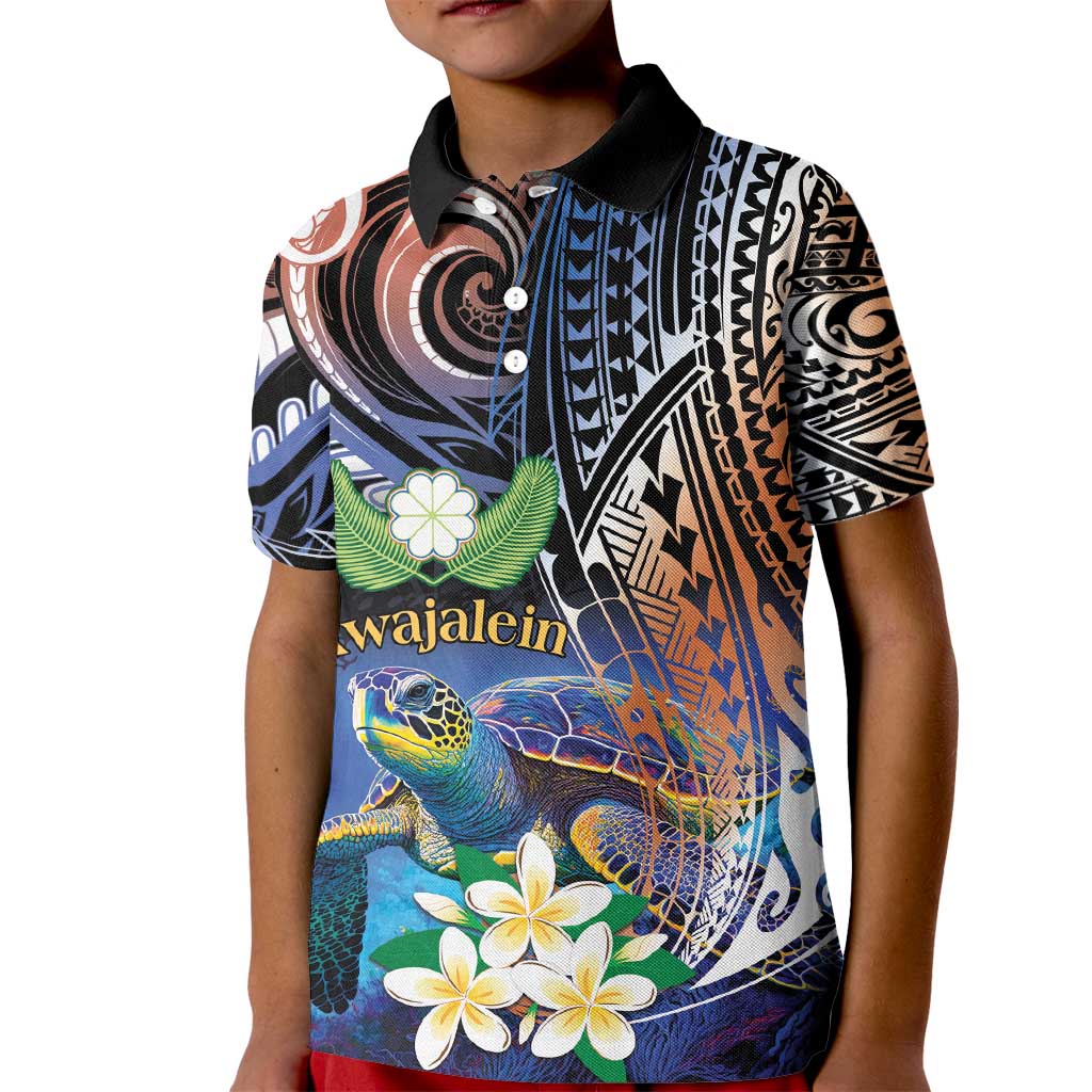 Marshall Islands Kwajalein Atoll Kid Polo Shirt Plumeria Sea Turtle with Polynesian Tribal LT9 Kid Blue - Polynesian Pride