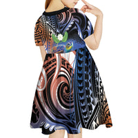 Marshall Islands Kwajalein Atoll Kid Short Sleeve Dress Plumeria Sea Turtle with Polynesian Tribal LT9 - Polynesian Pride