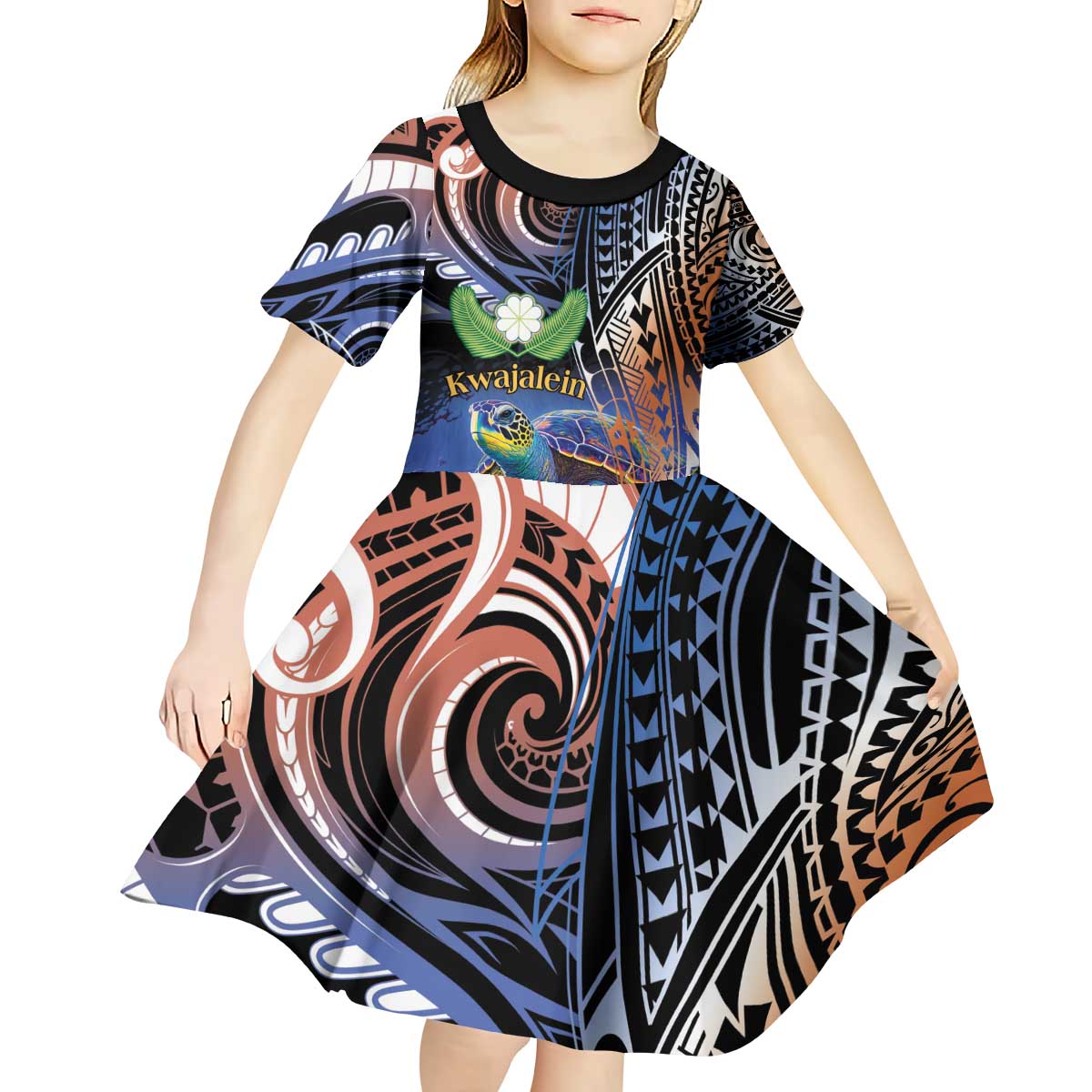 Marshall Islands Kwajalein Atoll Kid Short Sleeve Dress Plumeria Sea Turtle with Polynesian Tribal LT9 - Polynesian Pride