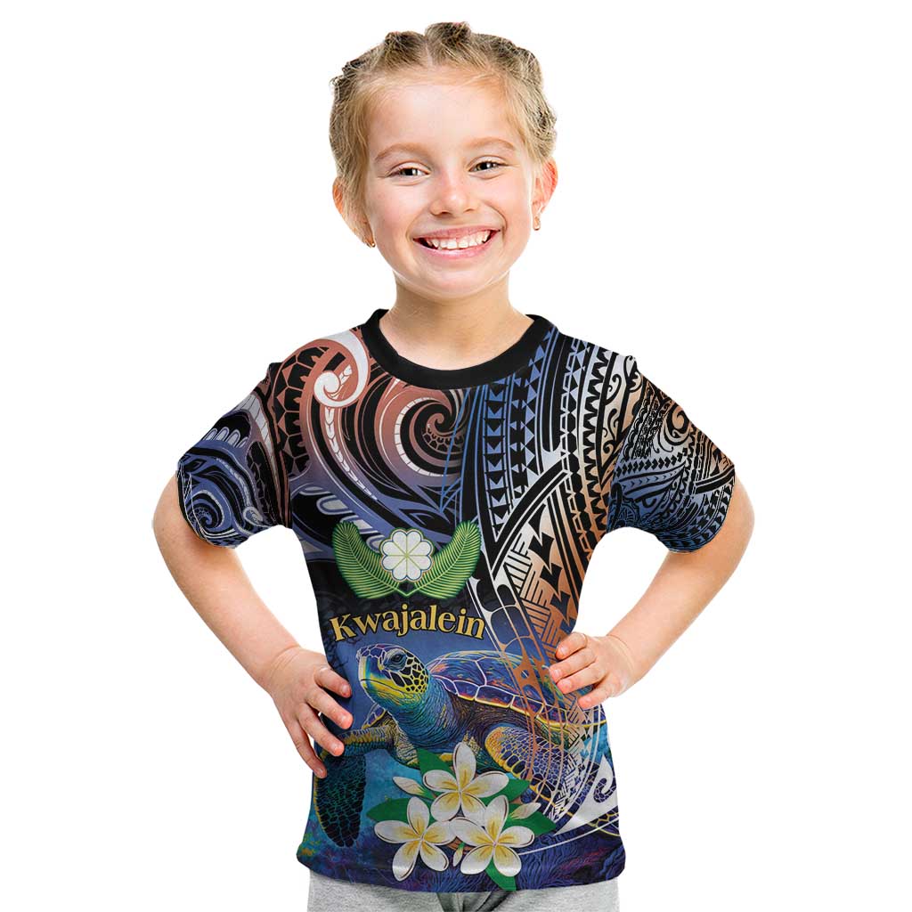 Marshall Islands Kwajalein Atoll Kid T Shirt Plumeria Sea Turtle with Polynesian Tribal LT9 Blue - Polynesian Pride