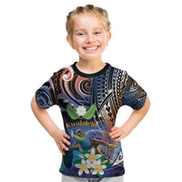 Marshall Islands Kwajalein Atoll Kid T Shirt Plumeria Sea Turtle with Polynesian Tribal LT9 Blue - Polynesian Pride