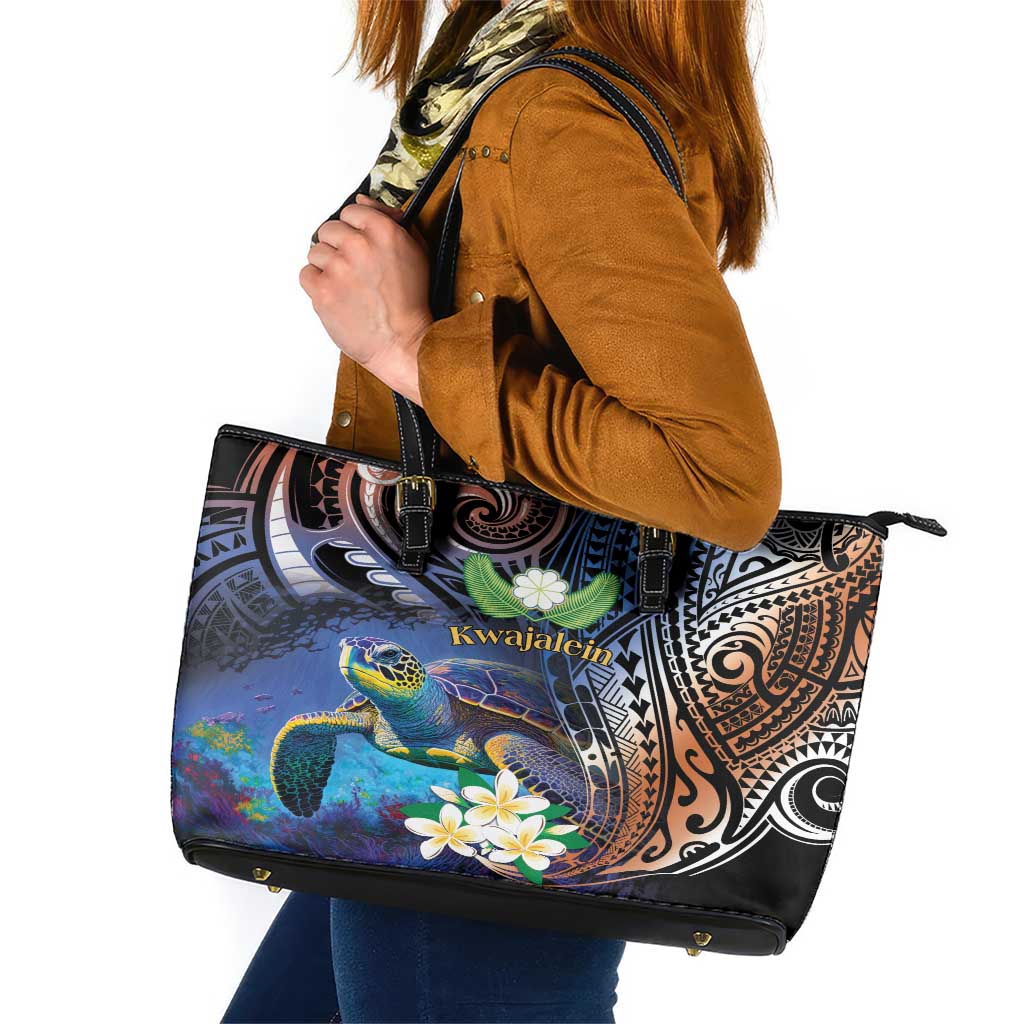 Marshall Islands Kwajalein Atoll Leather Tote Bag Plumeria Sea Turtle with Polynesian Tribal LT9 Blue - Polynesian Pride