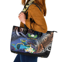 Marshall Islands Kwajalein Atoll Leather Tote Bag Plumeria Sea Turtle with Polynesian Tribal LT9 Blue - Polynesian Pride