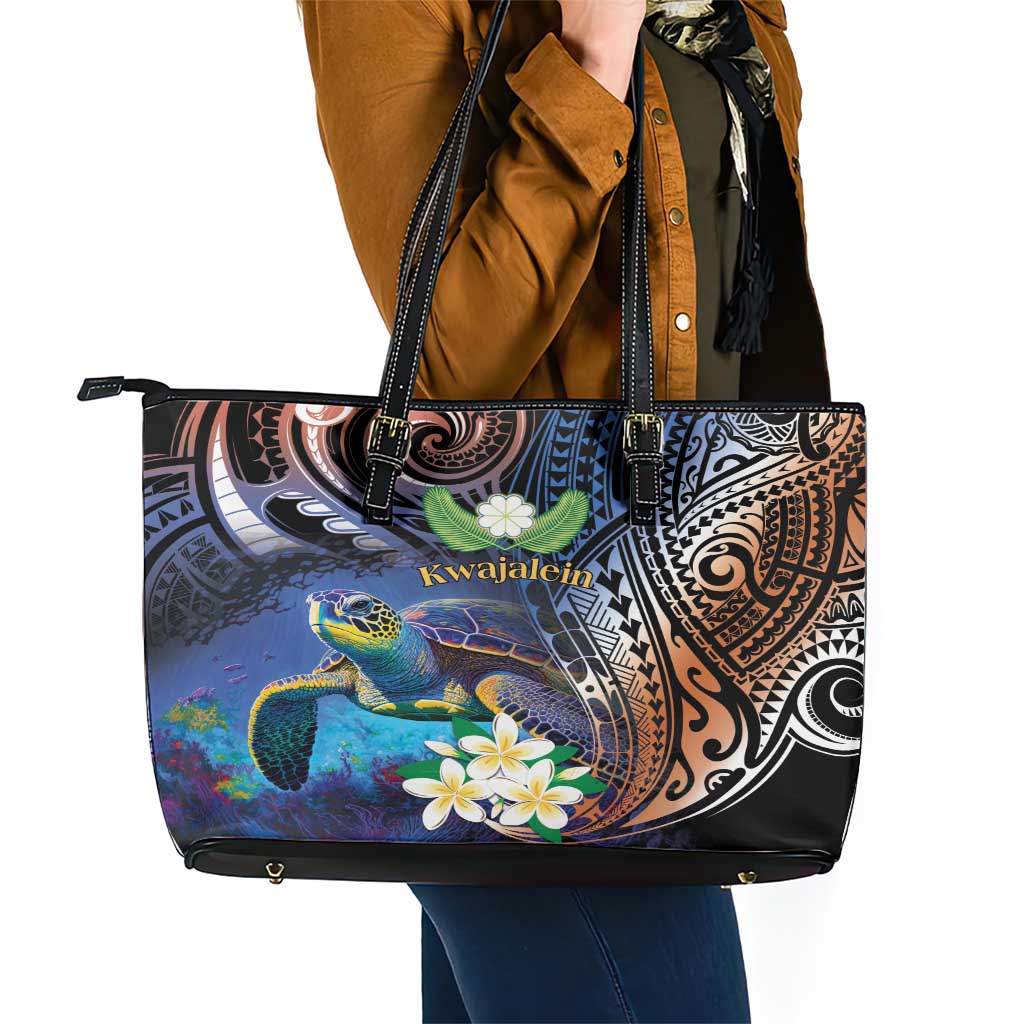 Marshall Islands Kwajalein Atoll Leather Tote Bag Plumeria Sea Turtle with Polynesian Tribal LT9 - Polynesian Pride