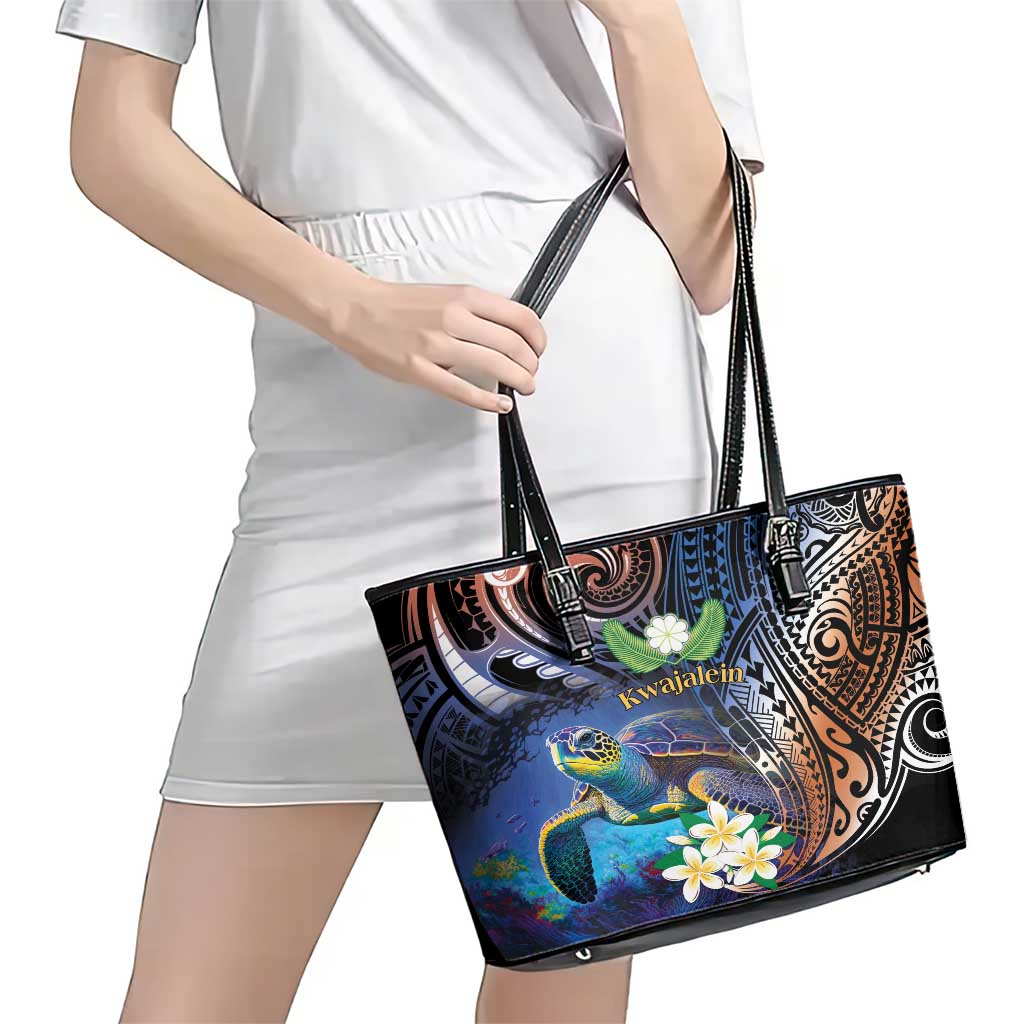 Marshall Islands Kwajalein Atoll Leather Tote Bag Plumeria Sea Turtle with Polynesian Tribal LT9 - Polynesian Pride